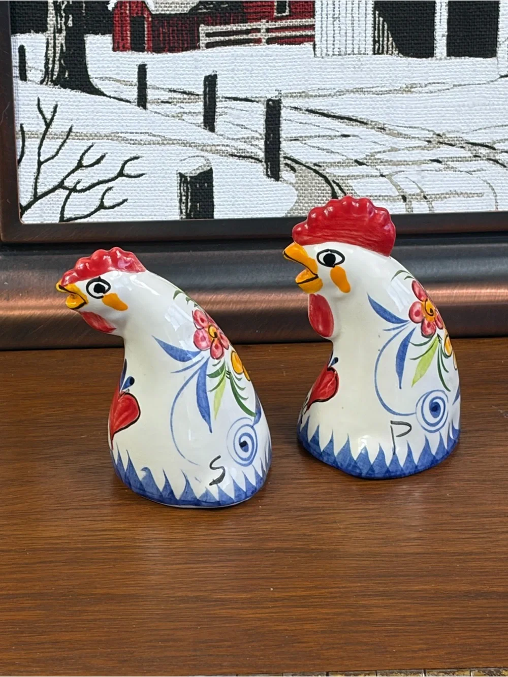 1980's Hand Painted White Alcobaca Rooster Of Barcelos Salt & Pepper Shakers